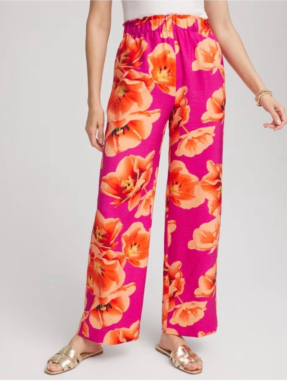 NWT Chicos Tropical Smocked Pull-On wide leg Pants size: 14 R